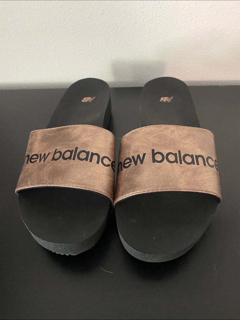 New Balance Metallic Bronze and Black Slide Sandals